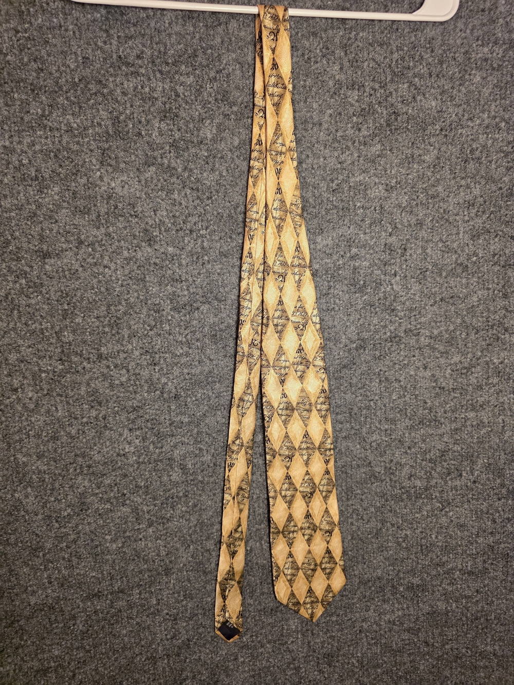 Structure Gold Silk Tie Diamond Pattern Script Print Made in USA
